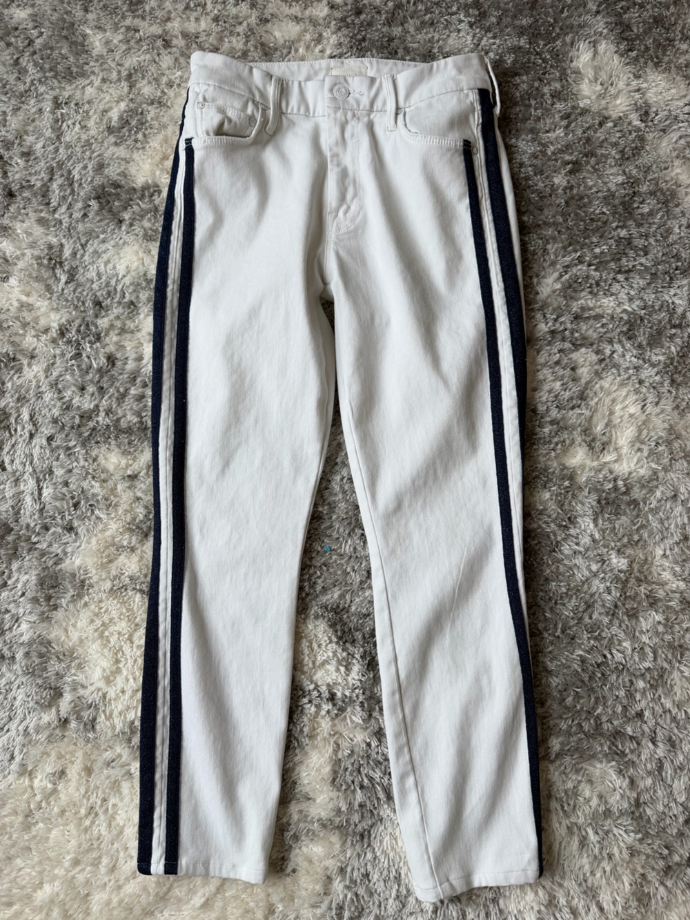 MOTHER “The Looker-Glass Slipper” Racer Ankle White Denim with Navy Side Stripe
